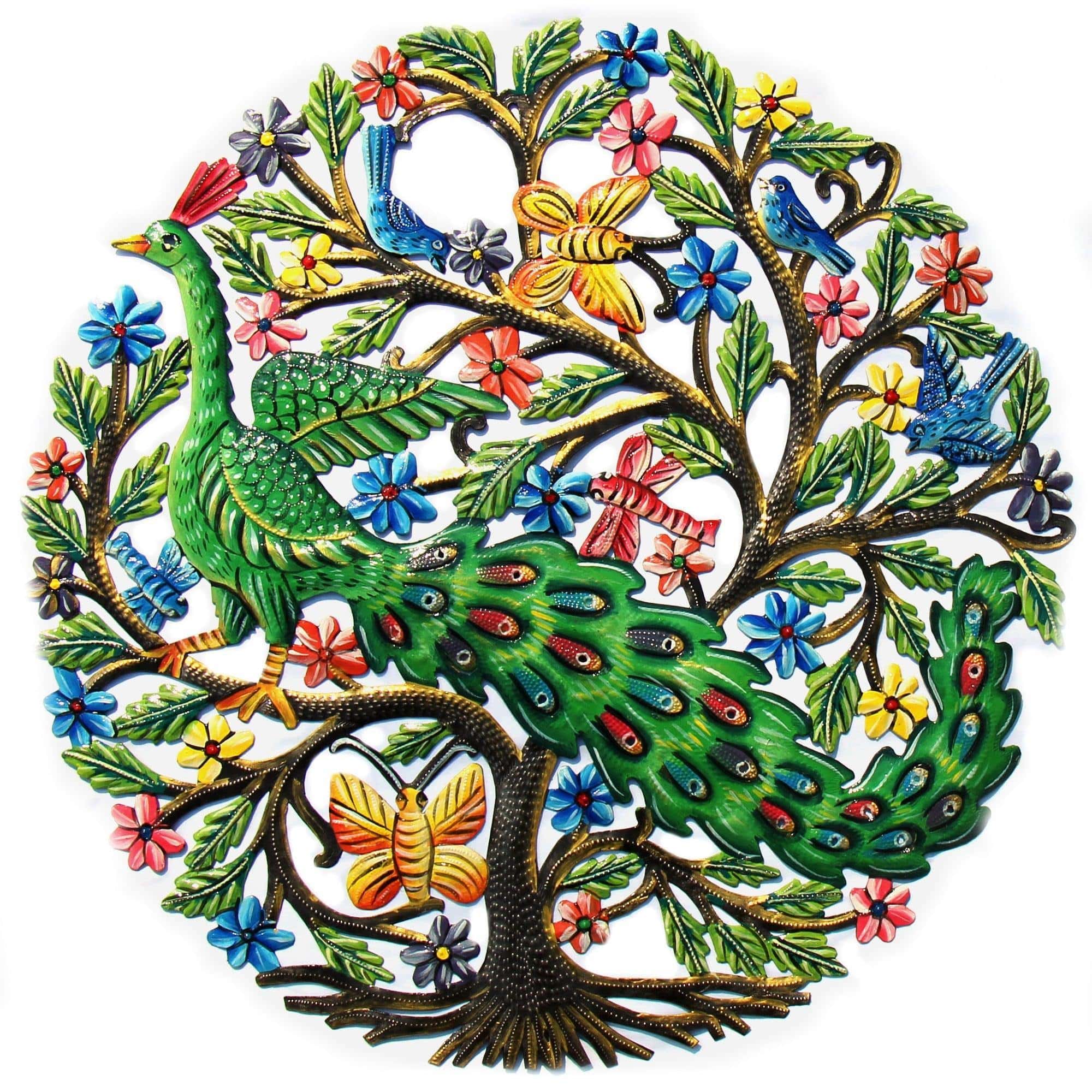 Peacock in Tree Haitian Metal Drum Wall Art - Haitian Artisans