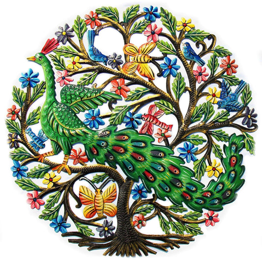 Peacock in Tree Haitian Metal Drum Wall Art - Haitian Artisans