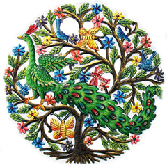Peacock in Tree Haitian Metal Drum Wall Art - Haitian Artisans