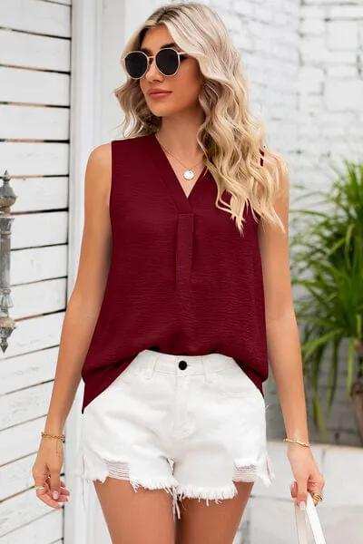 Texture V-Neck Sleeveless Top - Trendsi - Flyclothing LLC