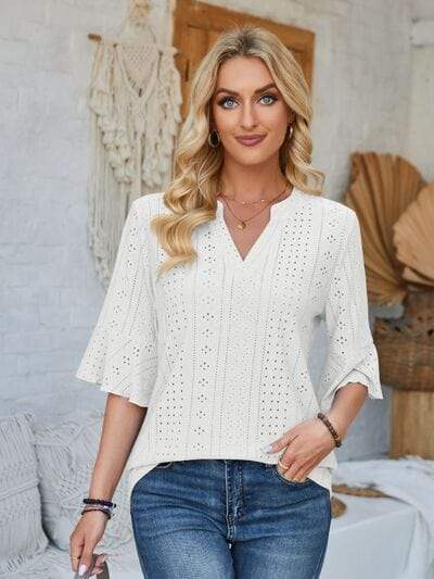 Eyelet Notched Half Sleeve T-Shirt - Trendsi - Flyclothing LLC