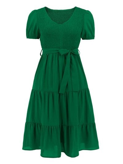 Smocked Tie Front Short Sleeve Tiered Dress - Flyclothing LLC