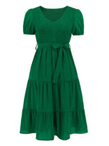 Smocked Tie Front Short Sleeve Tiered Dress - Trendsi - Flyclothing LLC