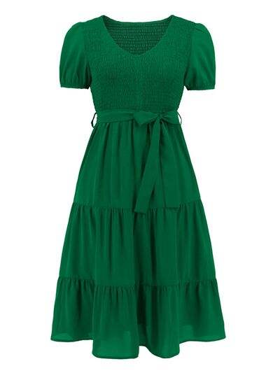 Smocked Tie Front Short Sleeve Tiered Dress - Trendsi - Flyclothing LLC