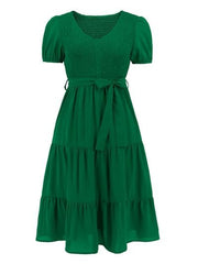 Smocked Tie Front Short Sleeve Tiered Dress - Flyclothing LLC
