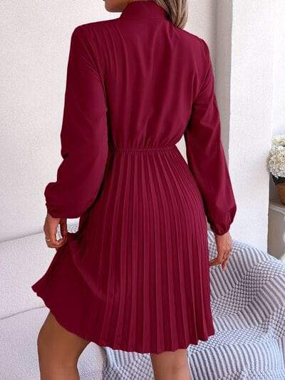 Tie Neck Balloon Sleeve Pleated Dress - Trendsi - Flyclothing LLC