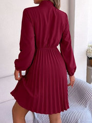 Tie Neck Balloon Sleeve Pleated Dress - Trendsi