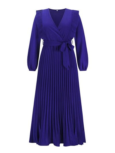 Pleated Surplice Tie Waist Maxi Dress - Trendsi