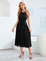 Pleated Spaghetti Strap Tie Waist Midi Dress - Trendsi