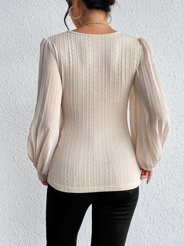 Pleated Puff Sleeve Round Neck Blouse - Trendsi - Flyclothing LLC