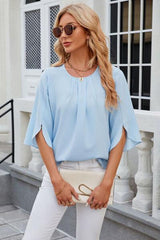Round Neck Slit Half Sleeve Top - Trendsi