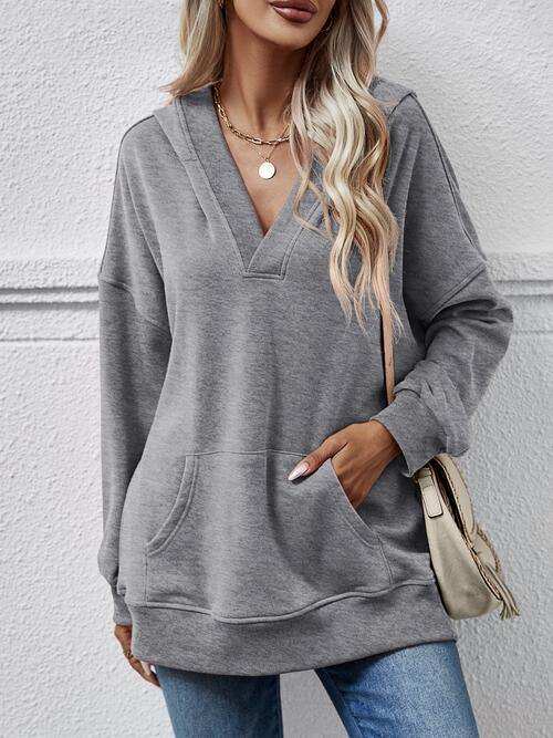 V-Neck Drop Shoulder Long Sleeve Hoodie - Trendsi - Flyclothing LLC