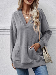 V-Neck Drop Shoulder Long Sleeve Hoodie - Flyclothing LLC