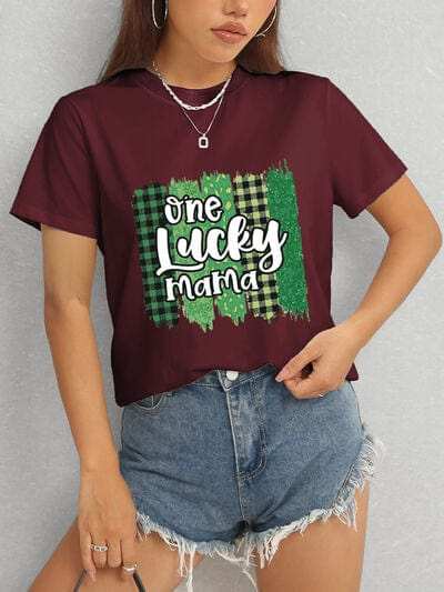 ONE LUCKY MAMA Round Neck T-Shirt - Trendsi - Flyclothing LLC