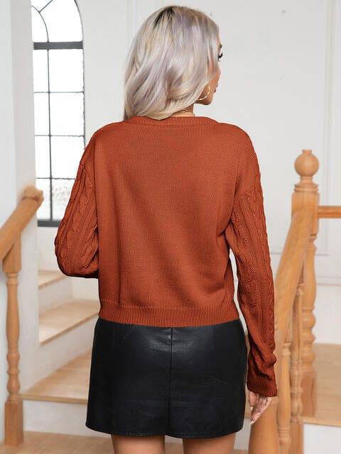 Cable-Knit Round Neck Long Sleeve Sweater - Trendsi