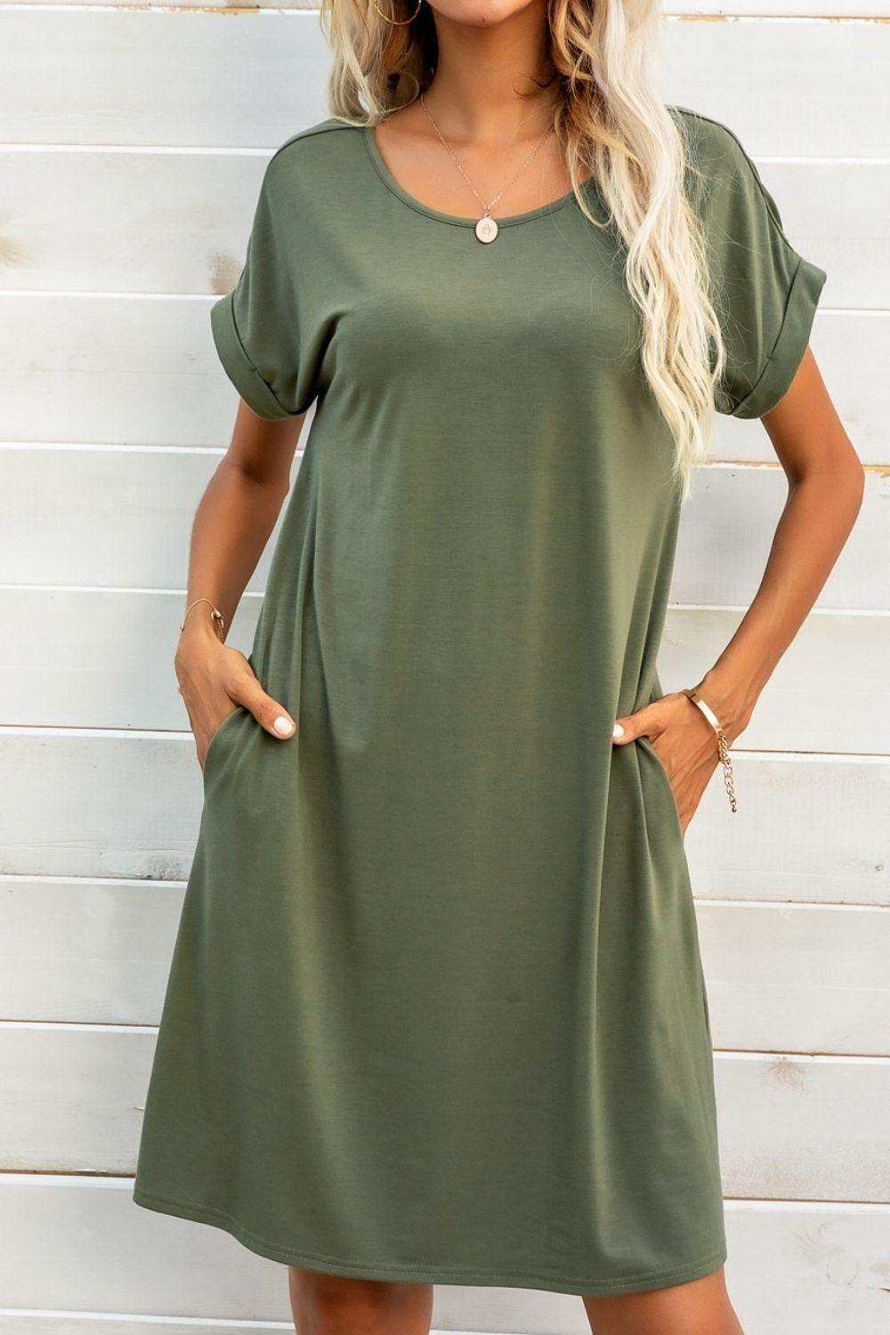 Scoop Neck Short Sleeve Pocket Dress - Trendsi - Flyclothing LLC
