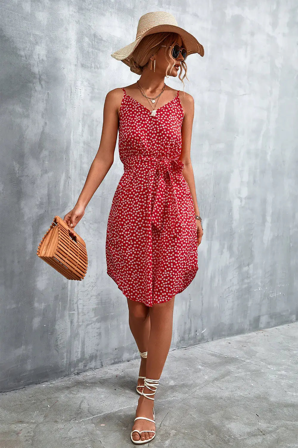 Printed V-Neck Tie Waist Mini Dress - Trendsi - Flyclothing LLC