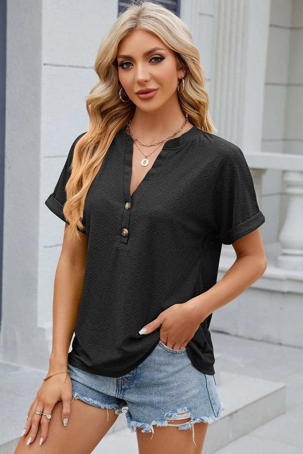 Eyelet Notched Short Sleeve T-Shirt - Trendsi - Flyclothing LLC