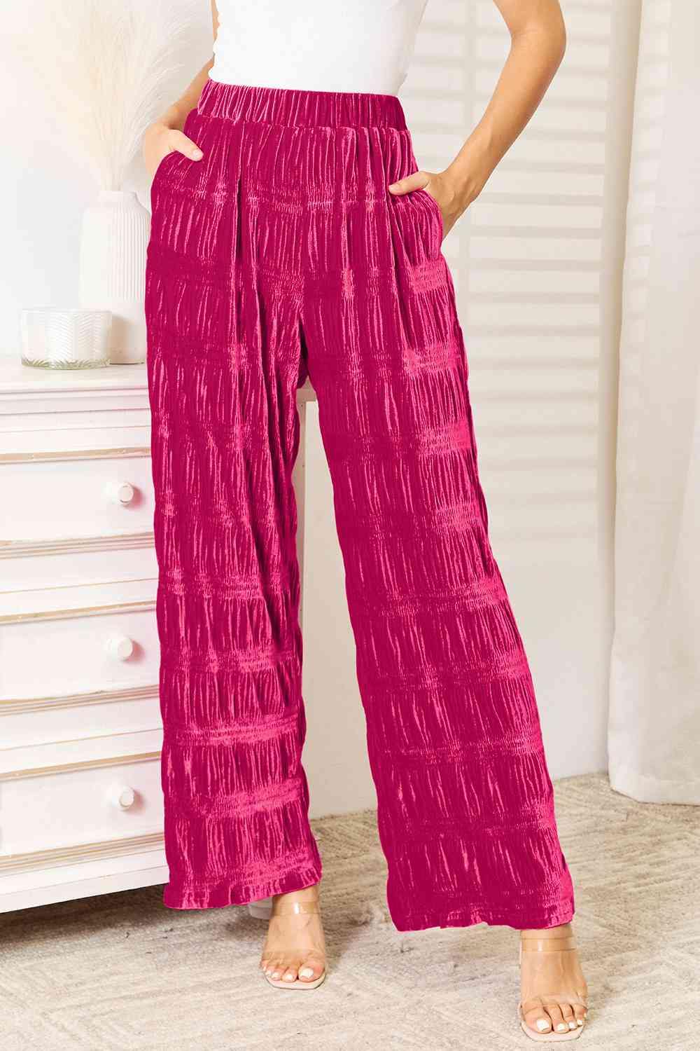 Double Take Full Size High Waist Tiered Shirring Velvet Wide Leg Pants - Trendsi