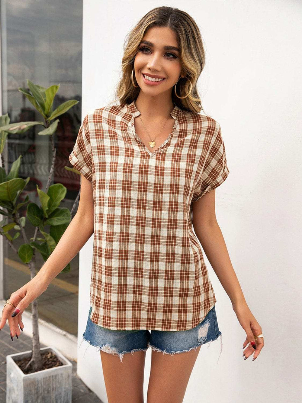 Plaid Notched Short Sleeve Blouse - Trendsi - Flyclothing LLC