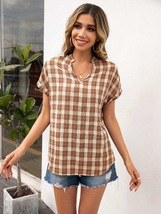 Plaid Notched Short Sleeve Blouse - Trendsi - Flyclothing LLC