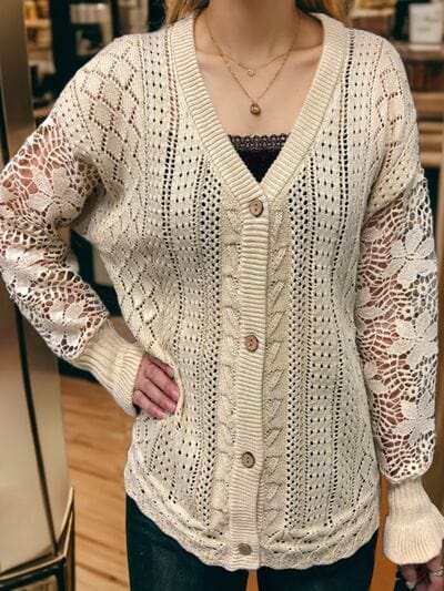 Eyelet Button Up Lantern Sleeve Cardigan - Trendsi - Flyclothing LLC