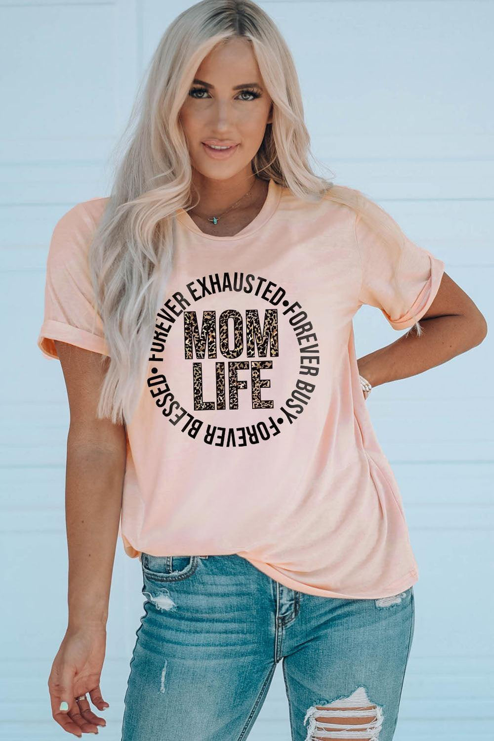 MOM LIFE Leopard Graphic Cuffed Tee - Trendsi