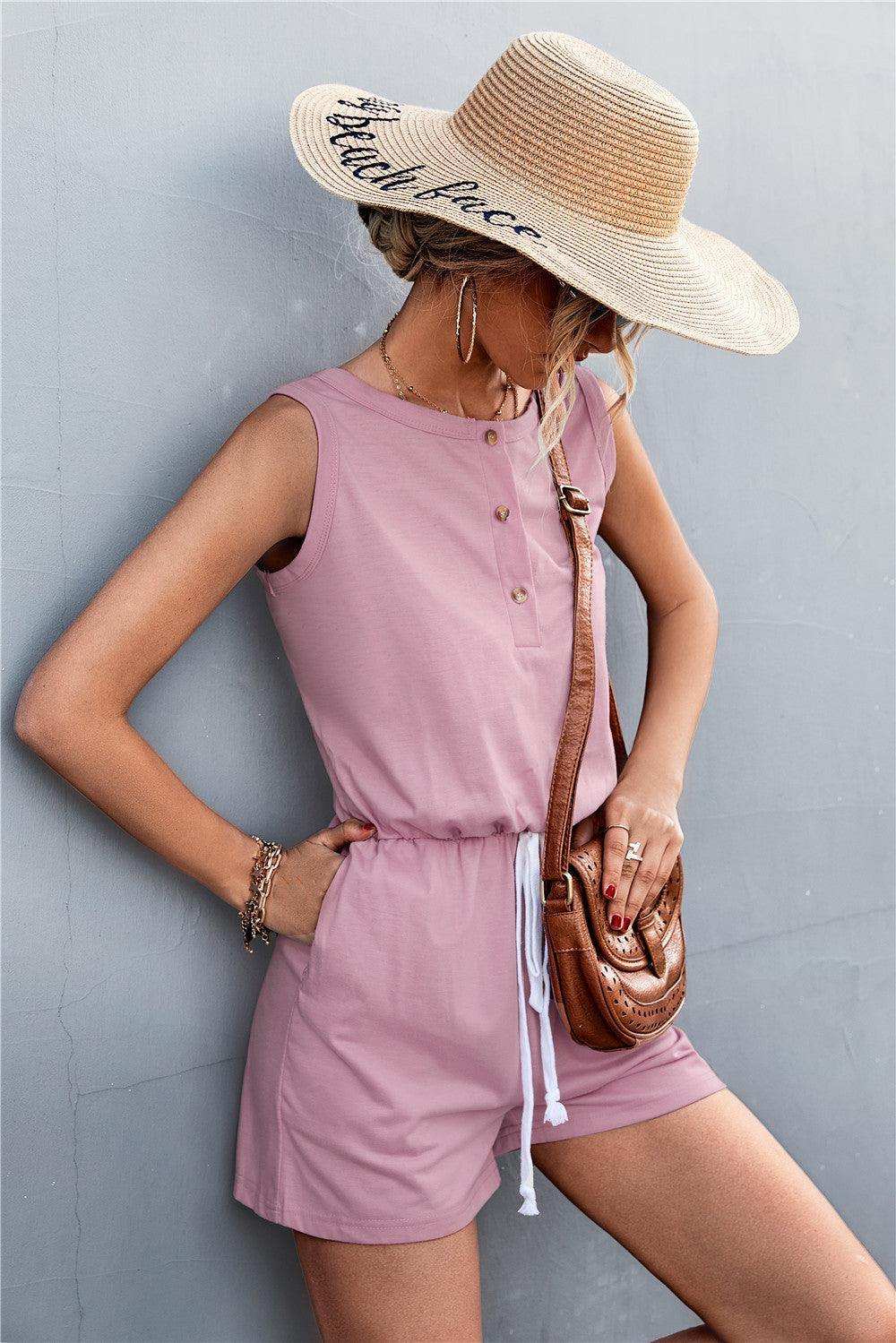 Sleeveless Buttoned Romper with Pockets - Trendsi - Flyclothing LLC