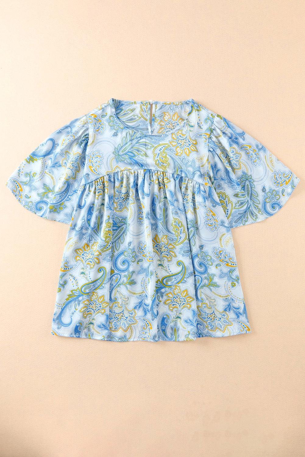 Printed Round Neck Short Sleeve Blouse - Trendsi