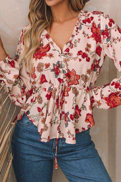 Floral V-Neck Drawstring Peplum Blouse - Trendsi - Flyclothing LLC