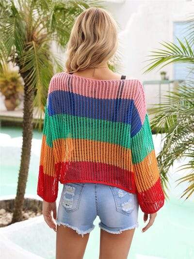 Color Block Openwork Boat Neck Cover Up - Trendsi - Flyclothing LLC