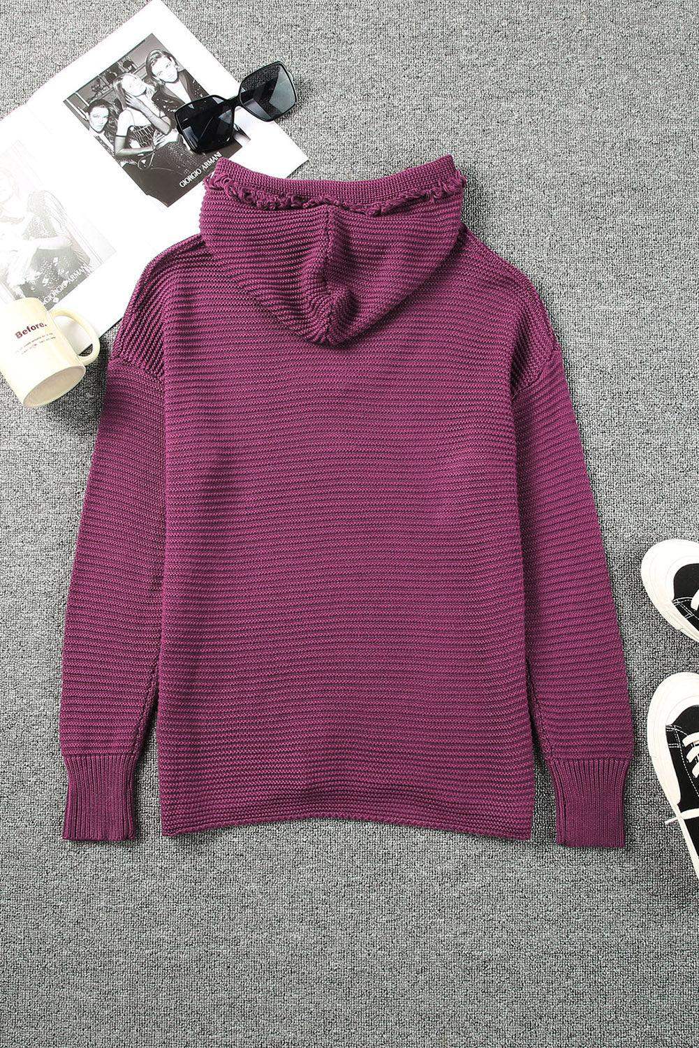 Horizontal Ribbing Fringe Trim Hooded Sweater - Trendsi - Flyclothing LLC