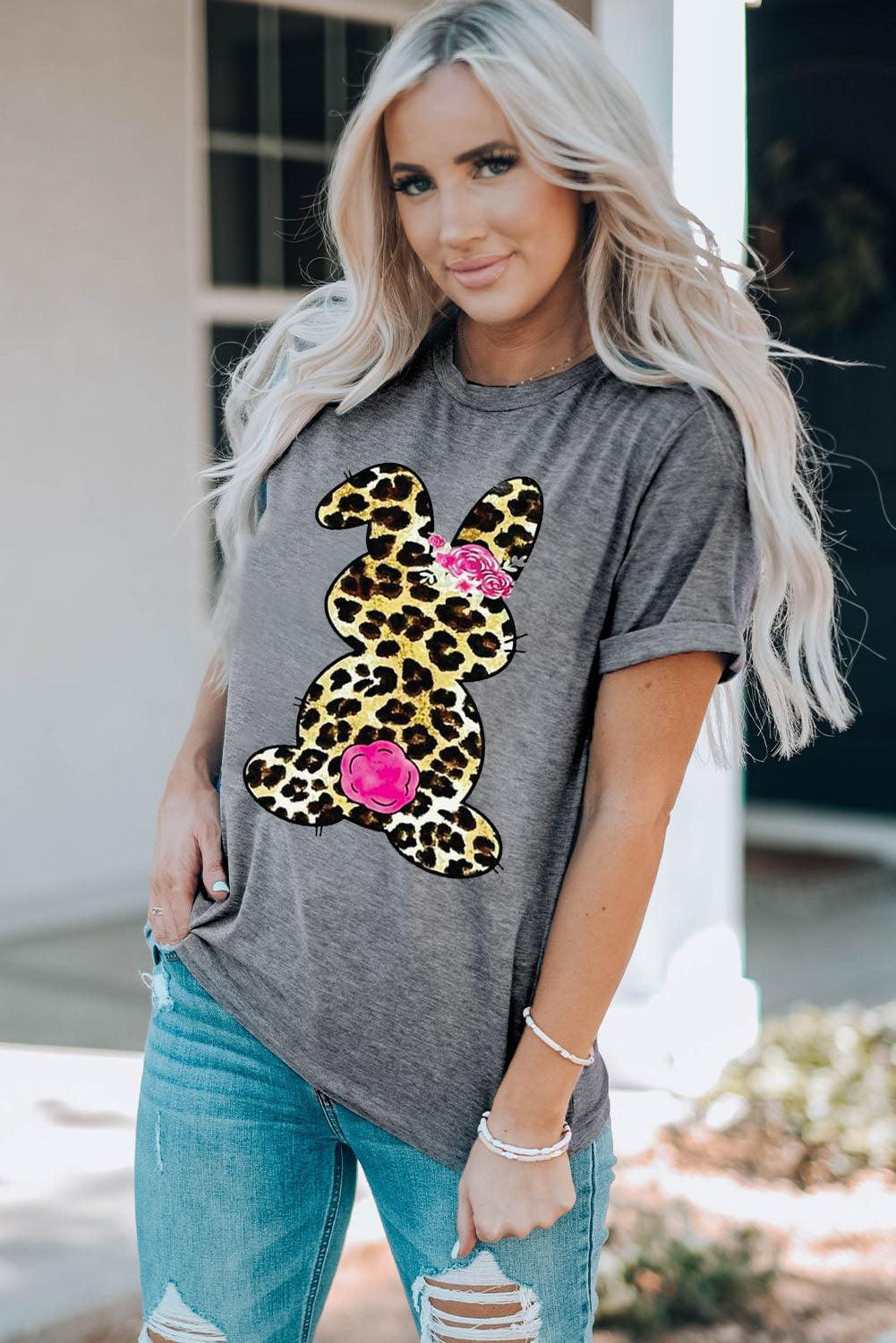 Leopard Bunny Graphic Cuffed Tee Shirt - Flyclothing LLC