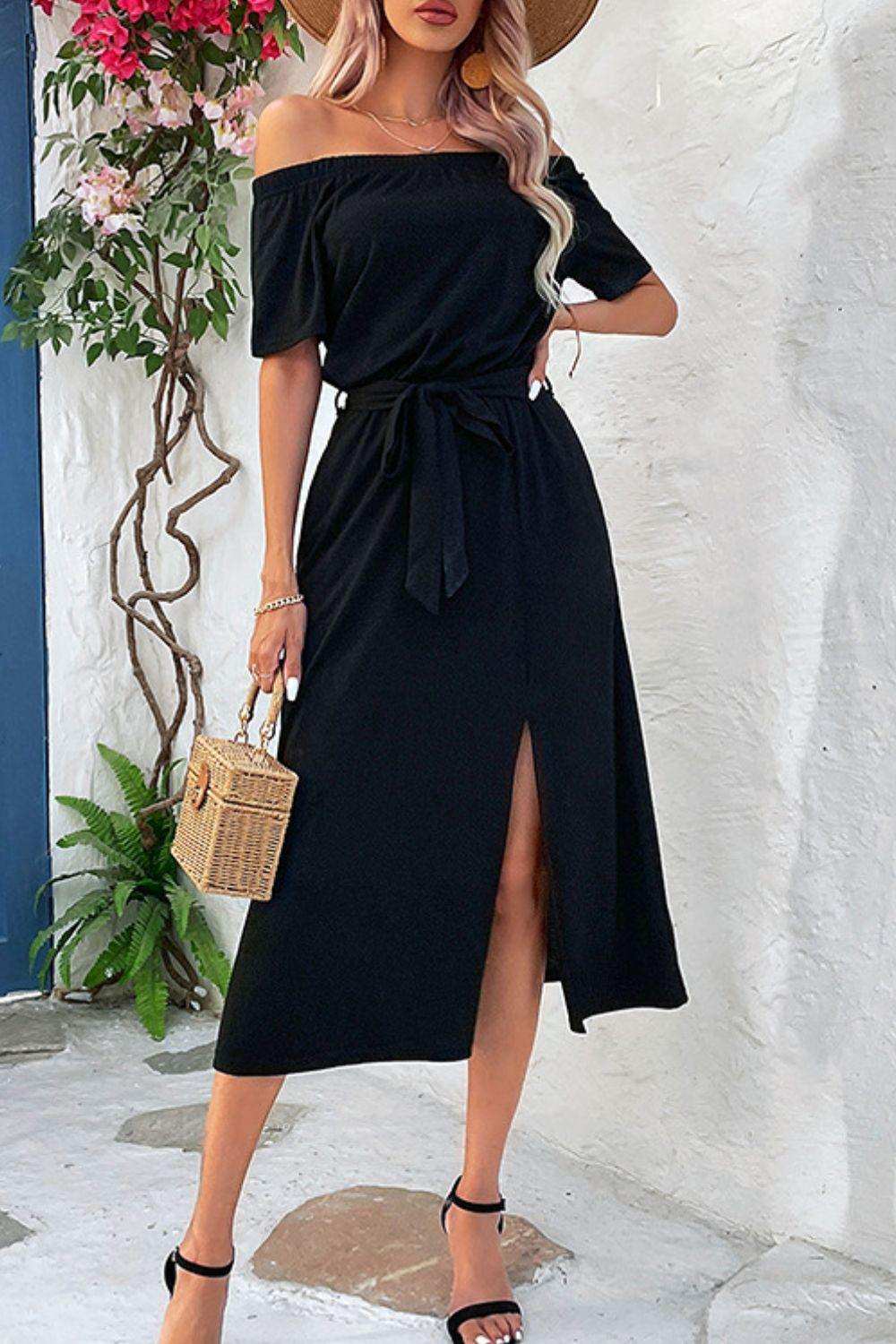 Tie-Waist Off-Shoulder Split Dress - Flyclothing LLC
