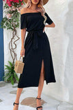 Tie-Waist Off-Shoulder Split Dress - Flyclothing LLC