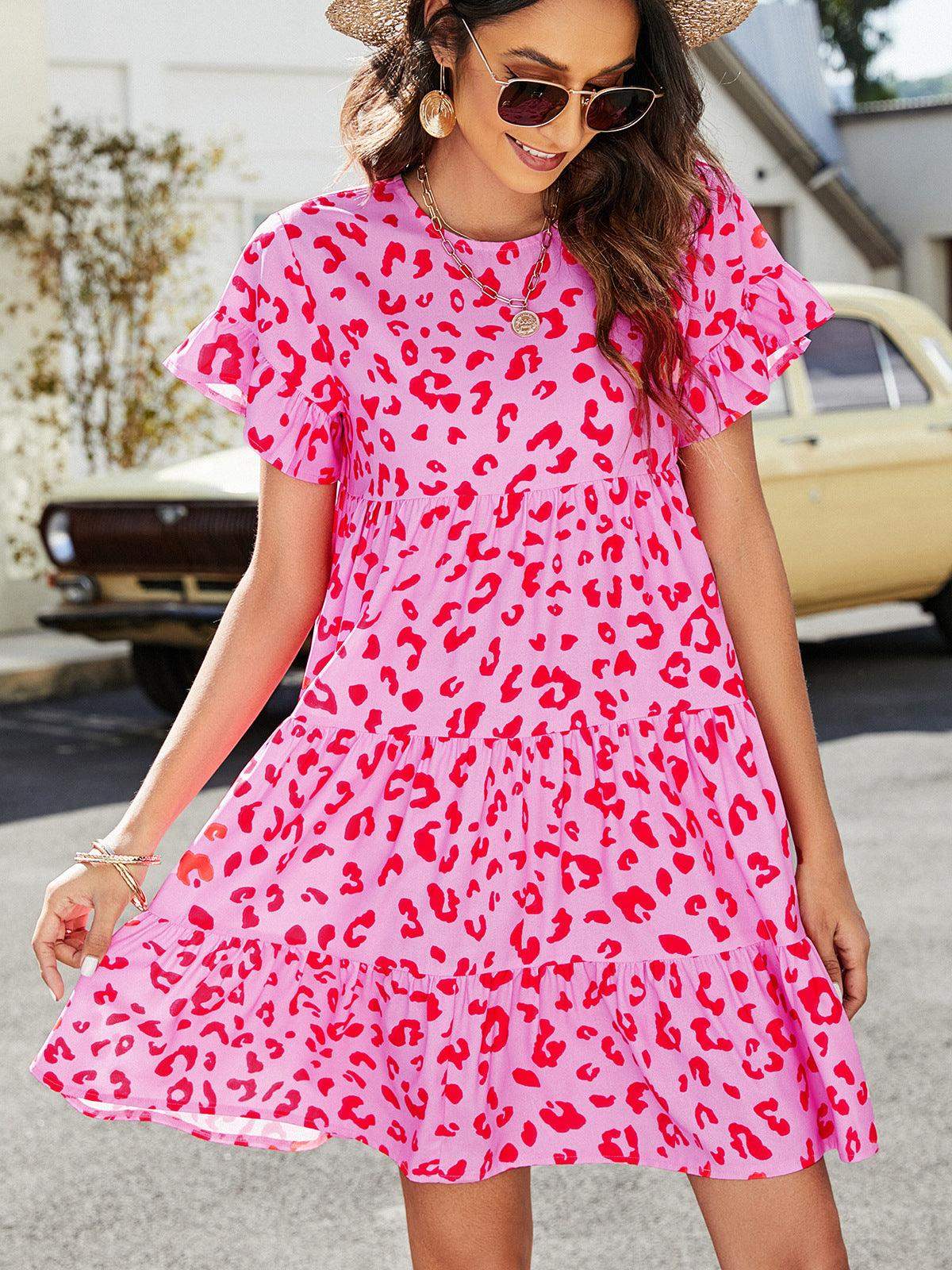 Leopard Short Flounce Sleeve Tiered Dress - Trendsi - Flyclothing LLC