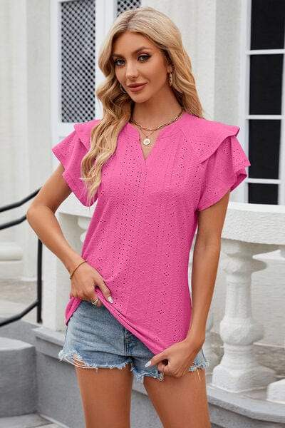 Eyelet Notched Short Sleeve T-Shirt - Trendsi - Flyclothing LLC