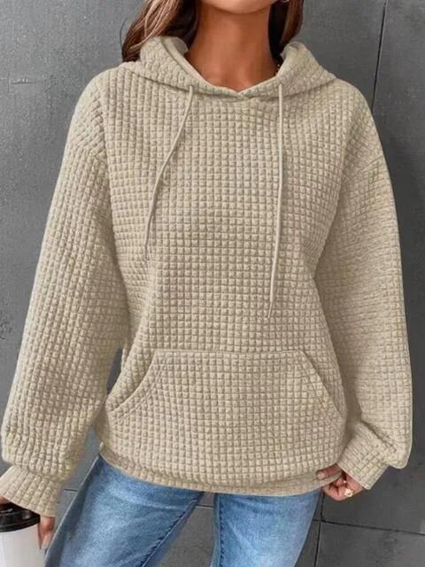 Textured Drawstring Drop Shoulder Hoodie - Trendsi