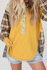 Plaid Notched Neck Slit Blouse - Trendsi - Flyclothing LLC