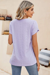 Eyelet V-Neck Petal Sleeve T-Shirt - Trendsi - Flyclothing LLC
