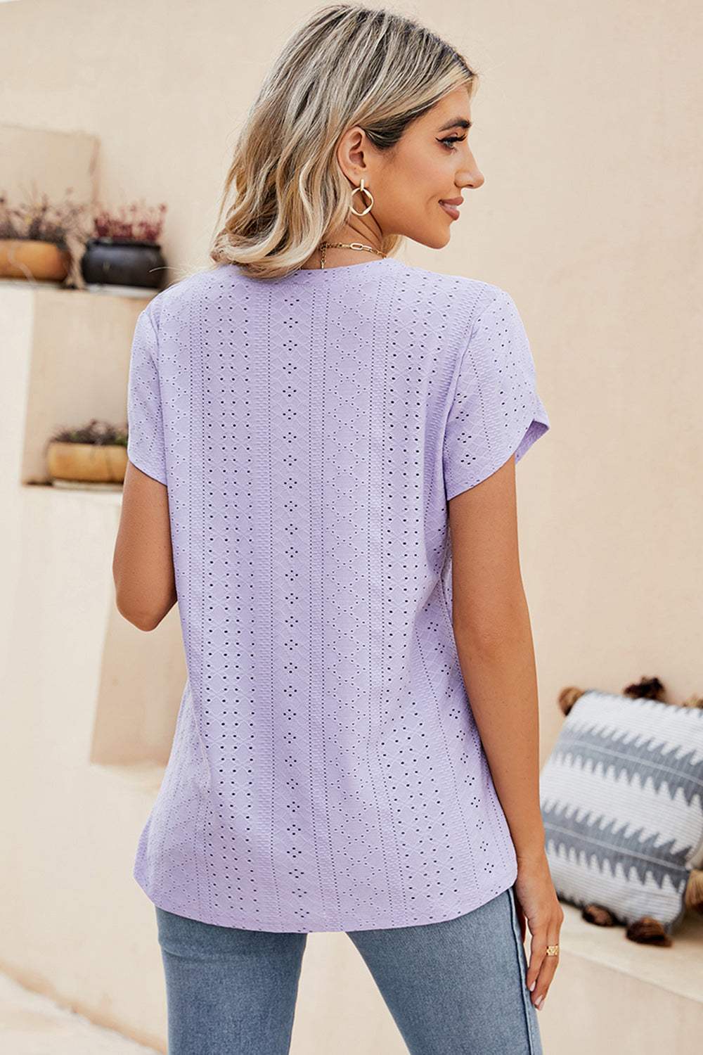 Eyelet V-Neck Petal Sleeve T-Shirt - Trendsi - Flyclothing LLC