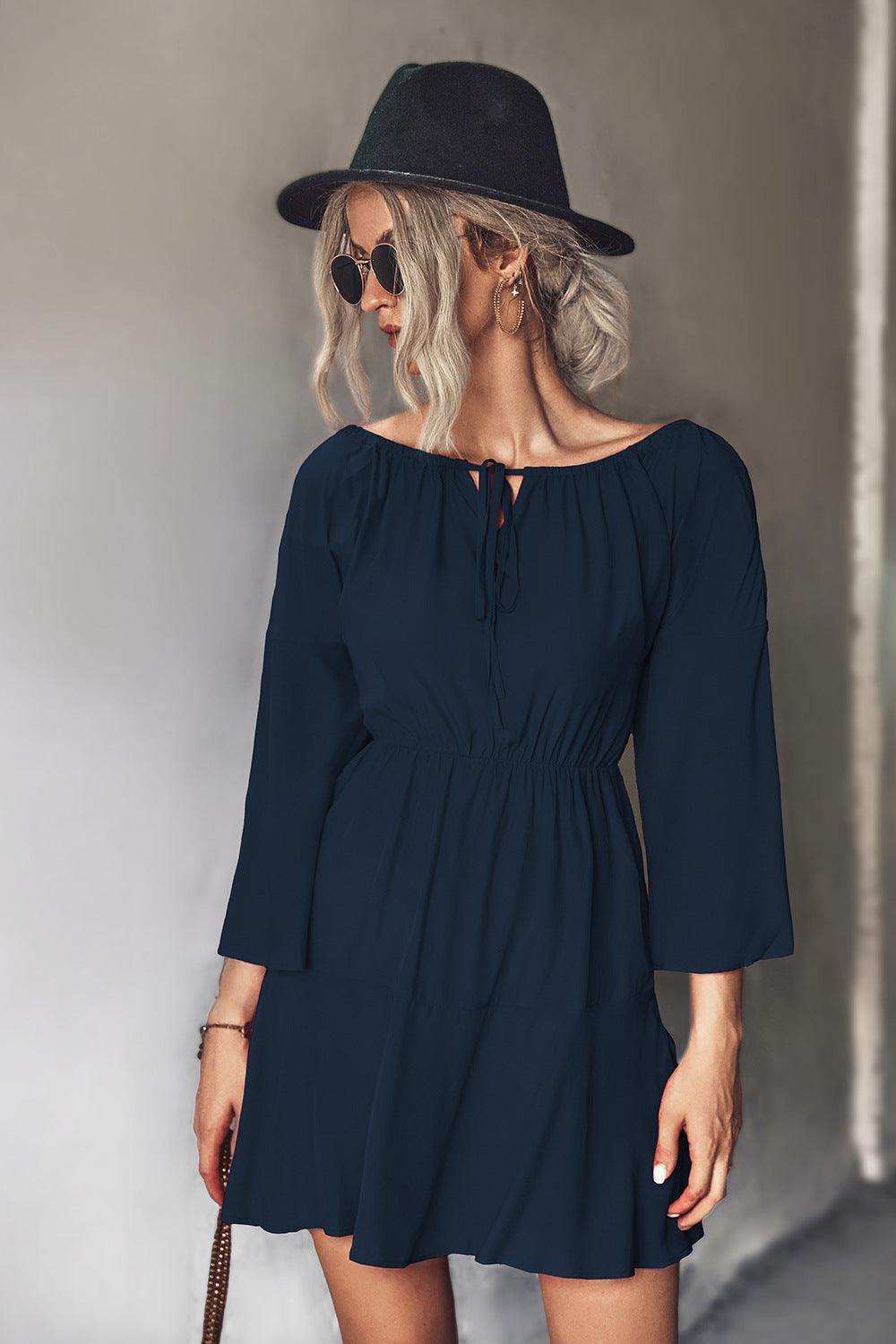 Tie Neck Flare Sleeve Mini Dress - Trendsi - Flyclothing LLC