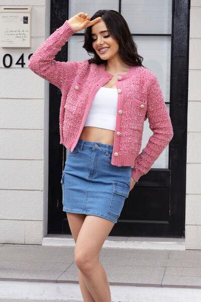 Button Up Round Neck Cardigan - Trendsi