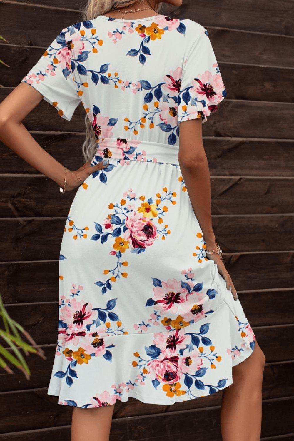 Tie Waist Petal Sleeve Ruffle Hem Dress - Trendsi - Flyclothing LLC