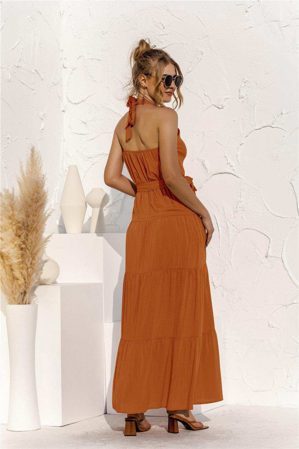 Halter Neck Tie Waist Tiered Maxi Dress - Trendsi - Flyclothing LLC