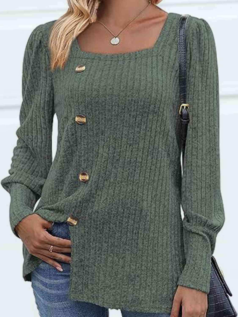 Decorative Button Square Neck Top - Trendsi - Flyclothing LLC