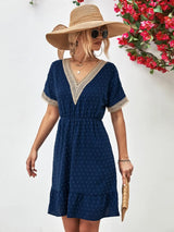 Contrast V-Neck Short Sleeve Mini Dress - Trendsi - Flyclothing LLC