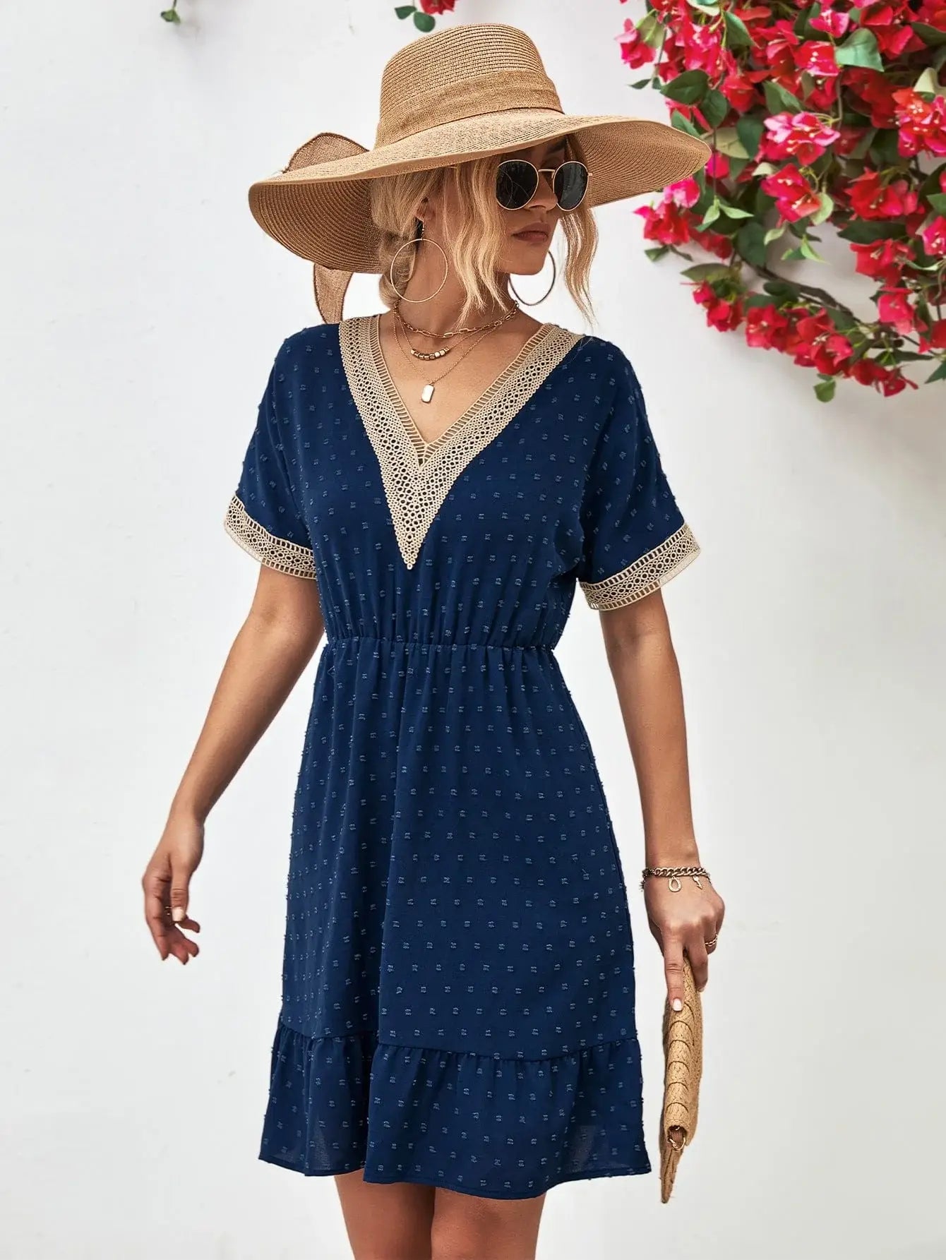 Contrast V-Neck Short Sleeve Mini Dress - Trendsi - Flyclothing LLC