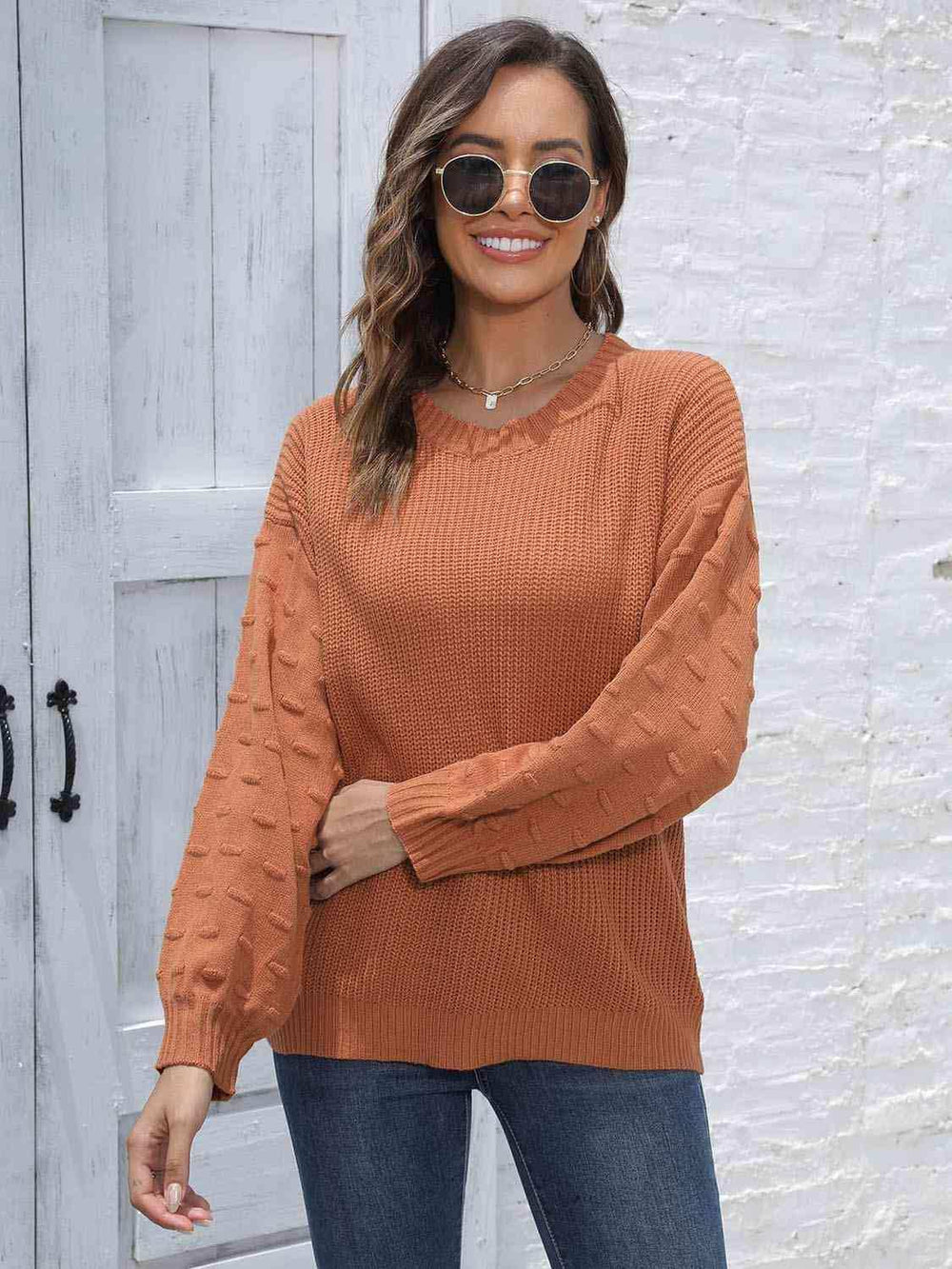 Round Neck Dropped Shoulder Sweater - Trendsi - Flyclothing LLC