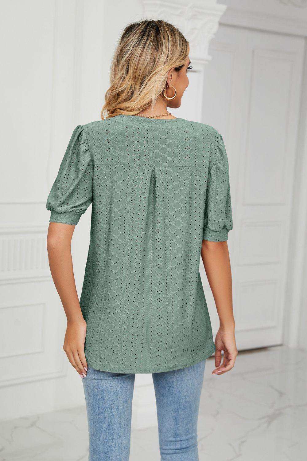 Eyelet Short Puff Sleeve Notched Neck Top - Trendsi - Flyclothing LLC